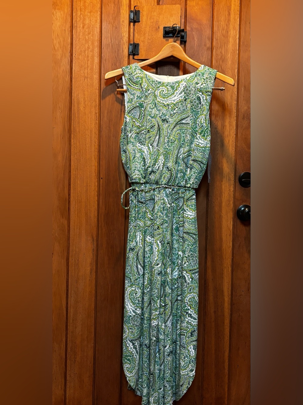 London Times Sleeveless Green Paisley Maxi Jumpsuit With Elastic Tie Waist